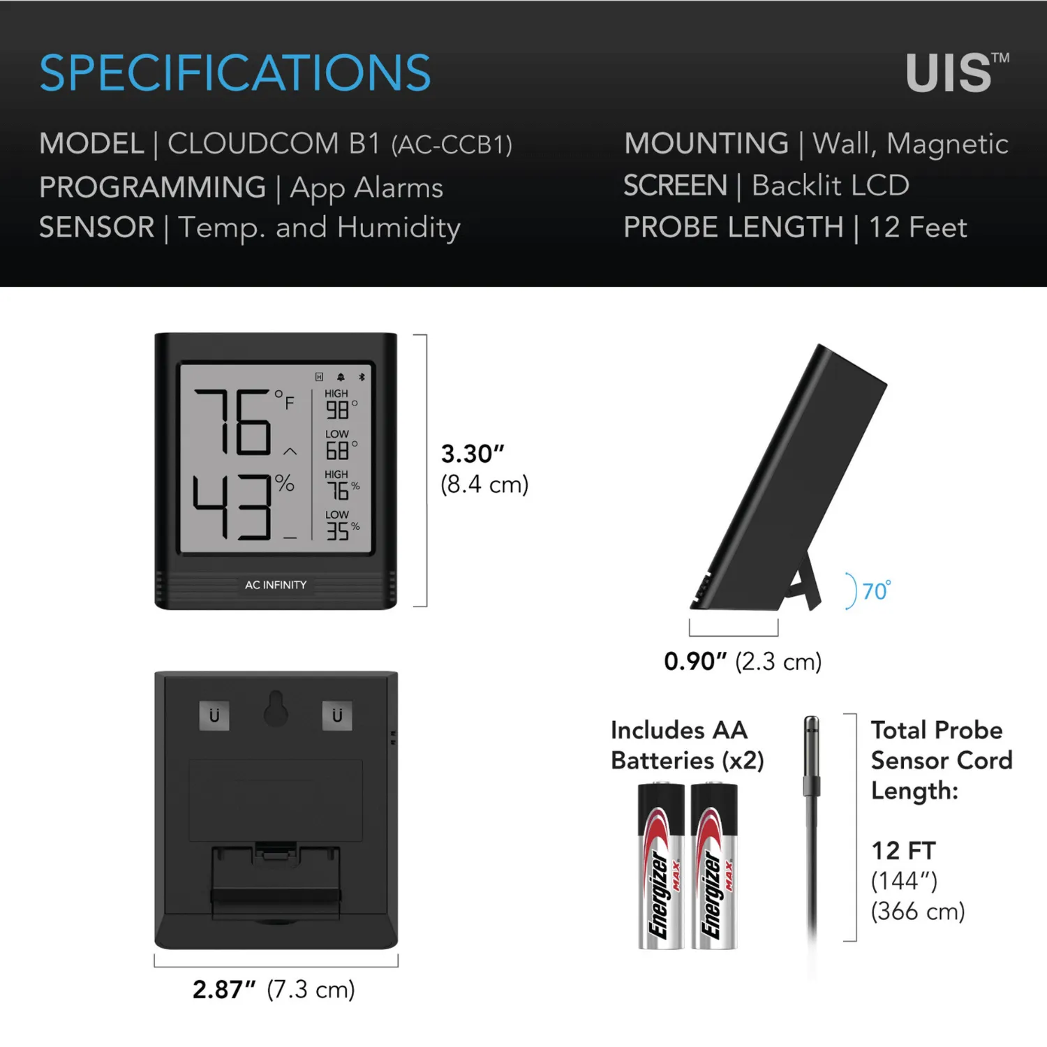 AC Infinity CLOUDCOM B1, Smart Thermo-Hygrometer with Data App, 12 ft. Sensor Probe