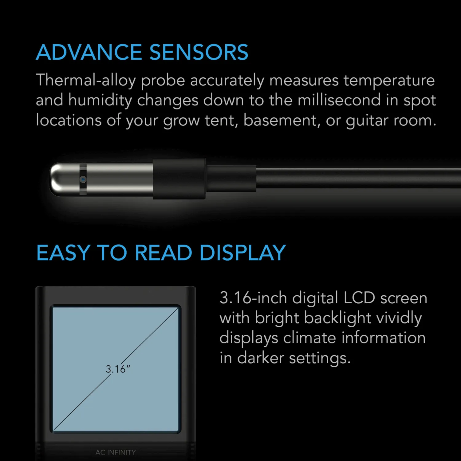 AC Infinity CLOUDCOM B1, Smart Thermo-Hygrometer with Data App, 12 ft. Sensor Probe