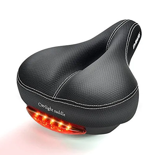 Comfortable Men Women Bike Seat - DAWAY C99 Memory Foam Padded Leather Wide Bicycle Saddle Cushion with Taillight, Waterproof, Dual Spring Designed, Soft, Breathable, Fit Most Bikes, 1 Year Warranty