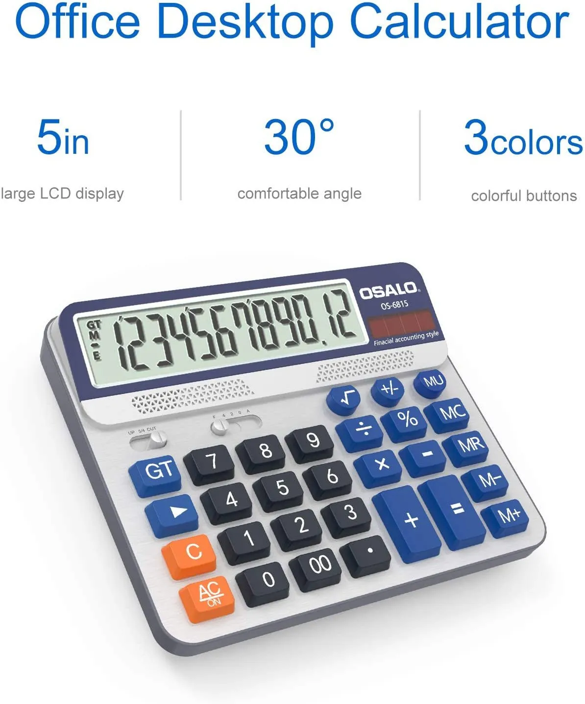 Desktop Calculator Extra Large 5-Inch LCD Display 12-Digit Big Number Accounting Calculator with Giant Response Button, Battery & Solar Powered, Perfect for Office Business Home Daily Use(Os-6815)