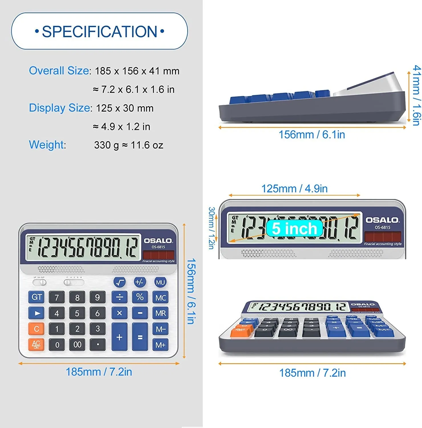 Desktop Calculator Extra Large 5-Inch LCD Display 12-Digit Big Number Accounting Calculator with Giant Response Button, Battery & Solar Powered, Perfect for Office Business Home Daily Use(Os-6815)