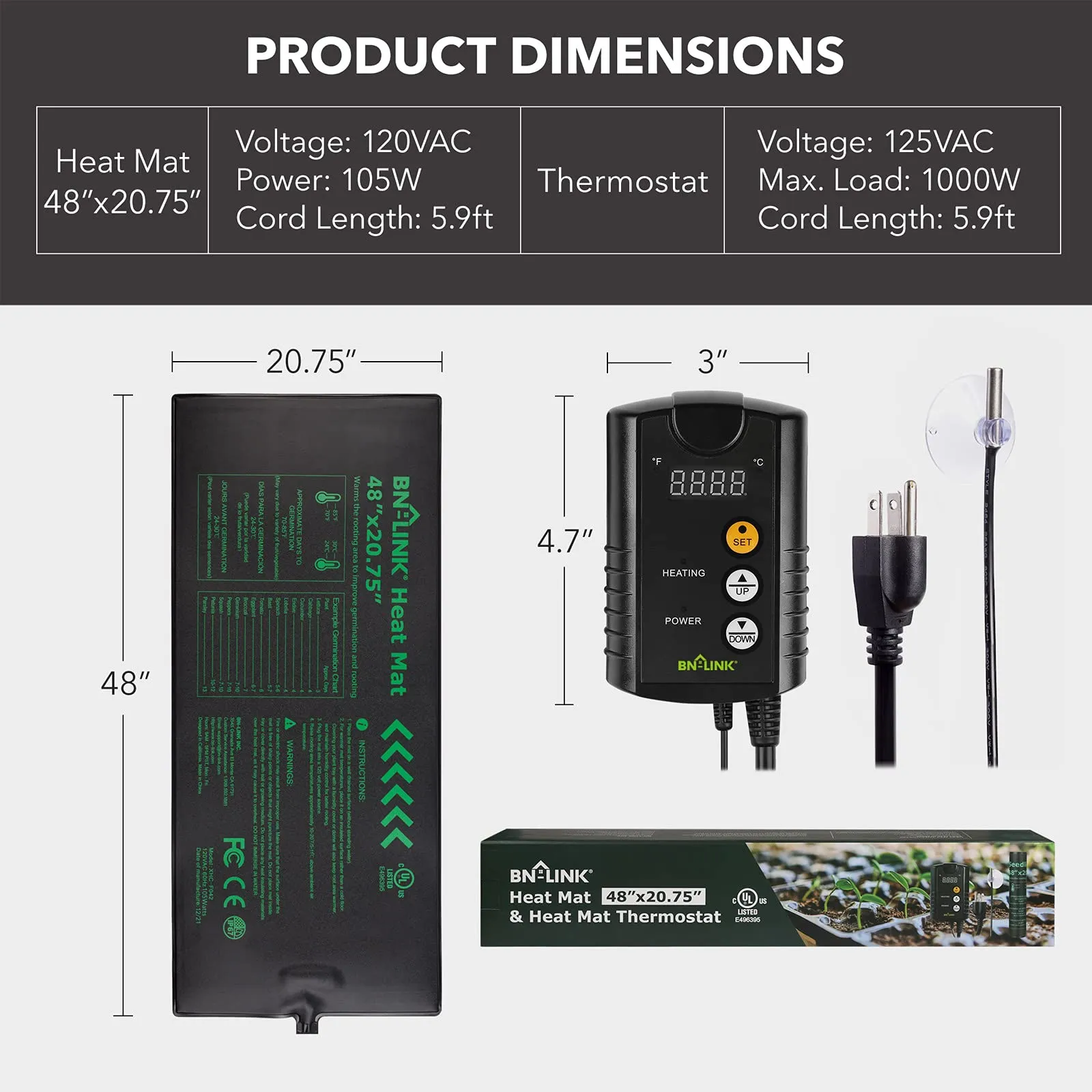 Durable Seedling Heat Mat Heating Pad 48" x 20.75" with Digital Thermostat Controller BN-LINK