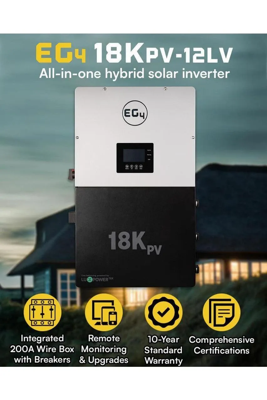 EG4 | 18KPV Hybrid Inverter | All-In-One Solar Inverter | 18000W PV Input | 12000W Output | 48V 120/240V Split Phase | EG4-18KPV-12LV