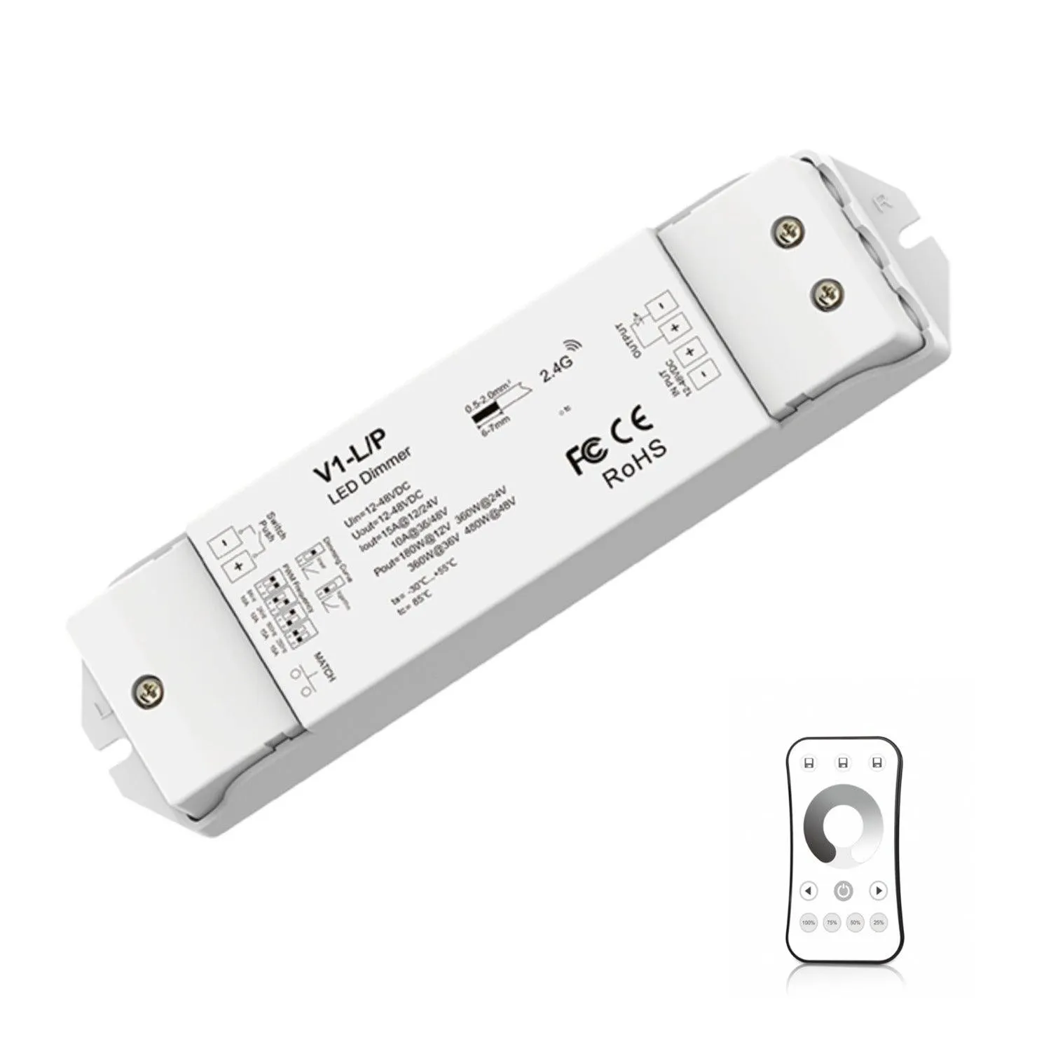 Skydance Single Colour 1CH*15A 12-48VDC CV Controller, Push-Dim V1-L/P with R6-1 Remote