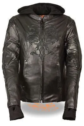 WOMEN'S MOTORCYCLE BLK LEATHER JACKET W/REFLECTIVE TRIBAL DETAIL W/2 GUNPOCKETS