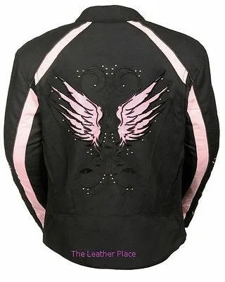 WOMEN'S MOTORCYCLE RIDING PINK TEXTILE JACKET W/ STUD & WINGS DETAILING