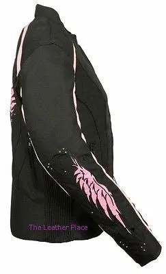 WOMEN'S MOTORCYCLE RIDING PINK TEXTILE JACKET W/ STUD & WINGS DETAILING