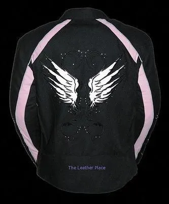 WOMEN'S MOTORCYCLE RIDING PINK TEXTILE JACKET W/ STUD & WINGS DETAILING